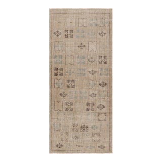 Vintage Distressed Runner Rug, Beige-Brown & Blue Geometric Motifs - Rug & Kilim For Sale