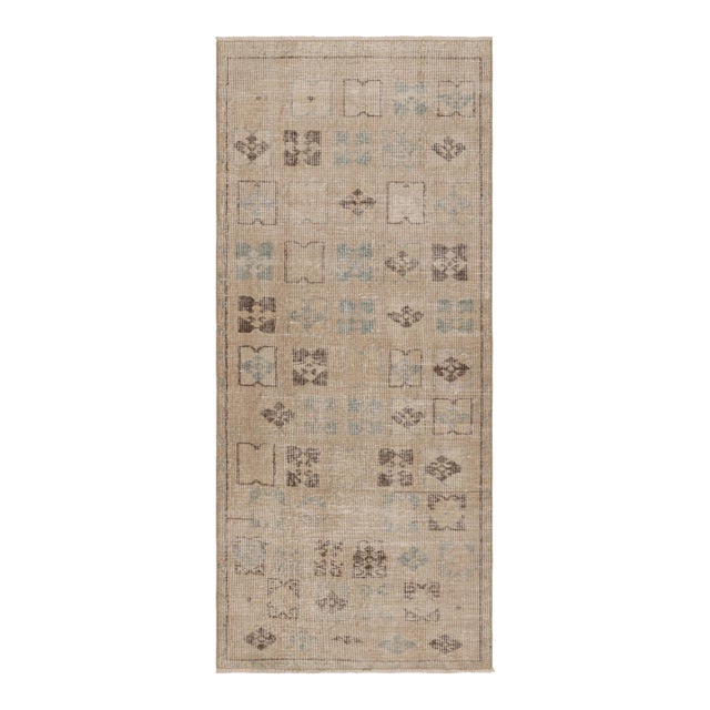 Vintage Distressed Runner Rug, Beige-Brown & Blue Geometric Motifs - Rug & Kilim For Sale
