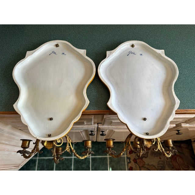 Gold Early 20th Century Gien Faience Pottery Wall Sconce Pair: Majolica Floral, Dolphin Motif - a Pair For Sale - Image 8 of 10