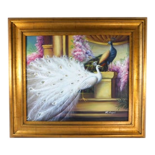 Large Vintage Marie Chapot Oil on Canvas Peacock Bird Framed in Gold Wood For Sale