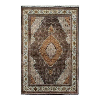 1940s Blue Navy Floral Diamond Medallion Antique Tabriz Knotted Wool Carpet Rug For Sale