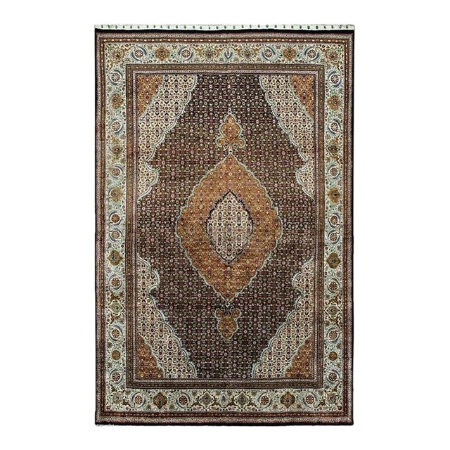 1940s Blue Navy Floral Diamond Medallion Antique Tabriz Knotted Wool Carpet Rug For Sale