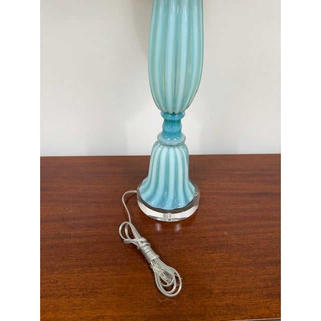 Mid 20th Century Beautiful Vintage Turquoise Murano Opaline Glass Lamp With Ribbed and Flared Shape For Sale - Image 5 of 9