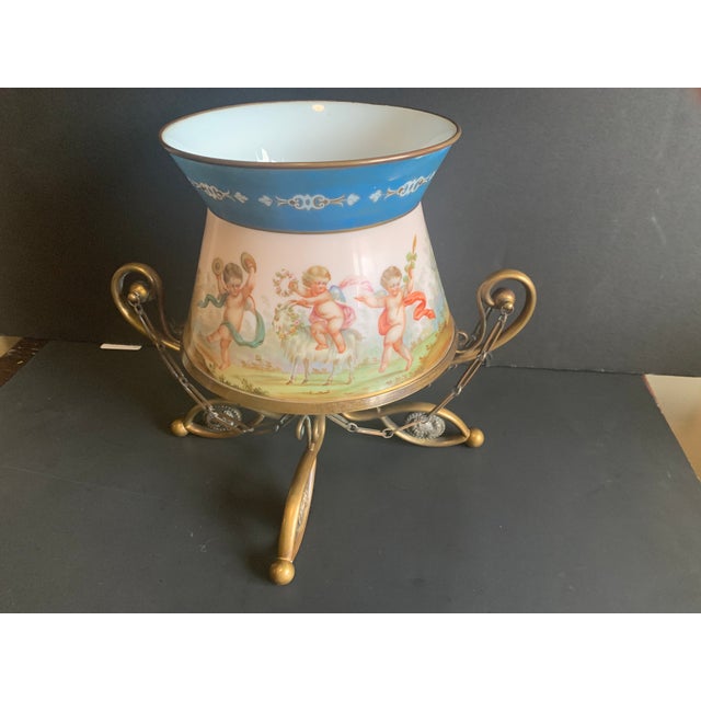 Large Antique French or Austrian Figural Art Glass Cache Pot Jardiniere in Bronze Cradle Stand & Bronze Rim For Sale - Image 13 of 14
