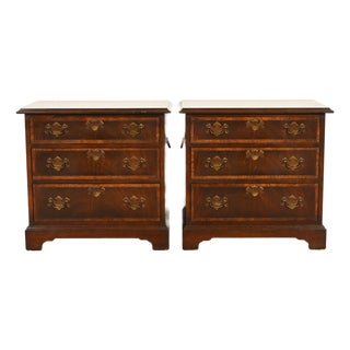 Baker Furniture Style Georgian Banded Flame Mahogany and Burlwood Three-Drawer Bedside Chests, Pair For Sale