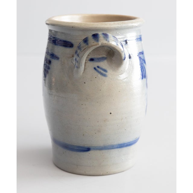 An antique 19th-Century German Westerwald salt glazed gray stoneware crock or jar with charming applied handles and cobalt...