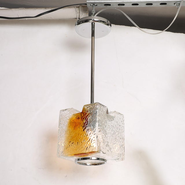 Mazzega Murano Mid-Century Hand-Blown Amber Murano Glass W/ Chrome Pendant Chandelier For Sale - Image 4 of 12
