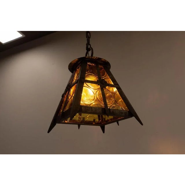 1960s Vintage French Lustre Colored Glass and Iron Hanging Light, 1960 For Sale - Image 5 of 7