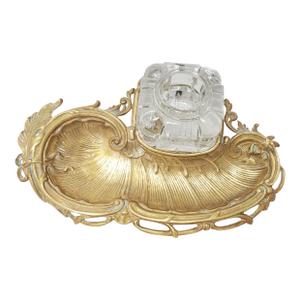 Vintage Brass and Heavy Glass Inkwell Set - Shell Ocean Wave Feather - No Lid