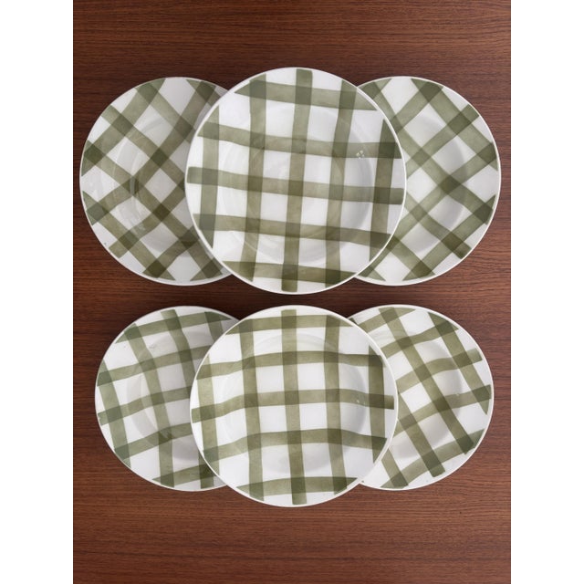 Set of vintage soup plates with a green and white tablecloth-style checkered pattern, made by the Moulin des Loups...