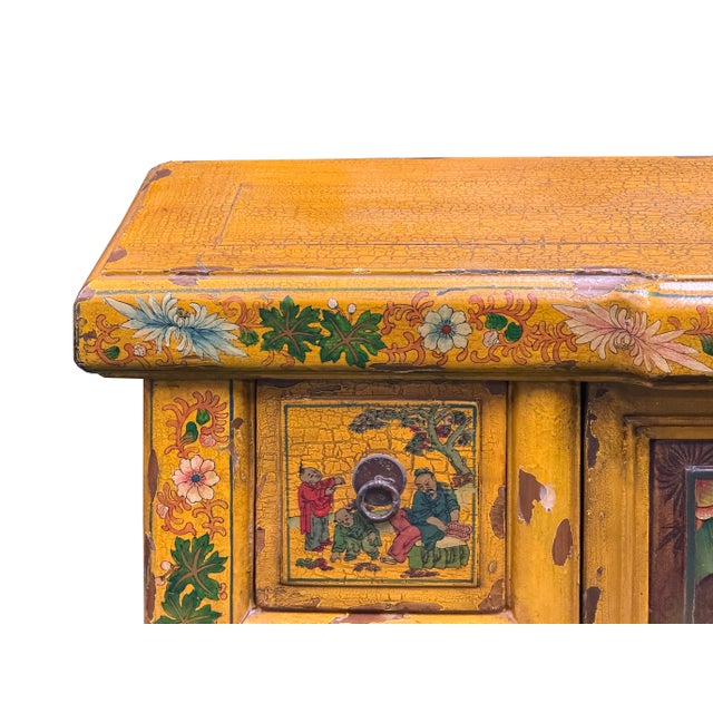 Vintage Chinese Yellow Lacquered Wood Credenza Sideboard Carved Scenic Panels For Sale - Image 12 of 18