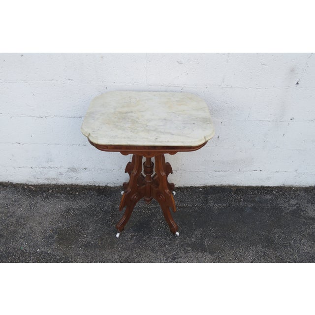 Late 1800s Victorian Eastlake Marble Top Carved Side Table 6295 For Sale - Image 4 of 17