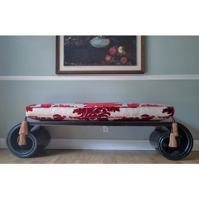 Chinese Antique Chinese Bench With Cushion and Scroll Legs, Early 20th Century Extra Large For Sale - Image 3 of 8