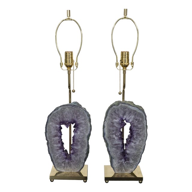 Pair of amethyst geode table lamps For Sale