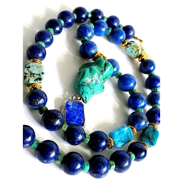 Royal Blue One-of-a-Kind Lapis Lazuli & Turquoise Statement Necklace | Vintage Turquoise Pendant | Artisan Bohemian Luxury Jewelry For Sale - Image 8 of 17