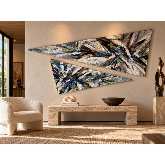 Striking oversized pair of vintage 1989 abstract expressionist acrylic paintings on uniquely shaped geometric canvases....