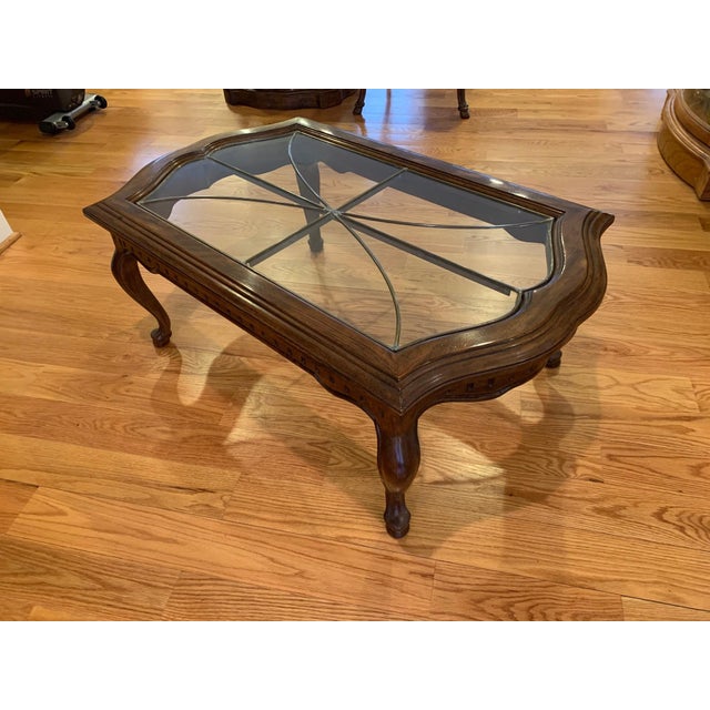1980s Drexel Heritage Grand Villa Pecan Leaded Glass Coffee Table For Sale - Image 13 of 13