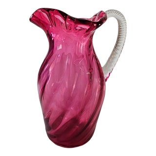 Cranberry Ruffle Swirl Pitcher Clear Handle 9.75" For Sale