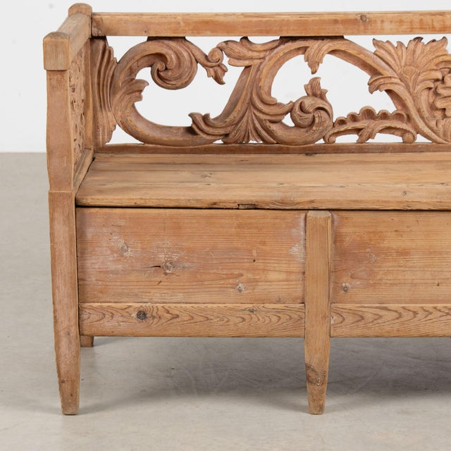 1868 Swedish Carved Pine Storage Bench With Heart Detail For Sale - Image 4 of 15