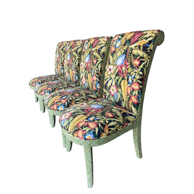 Parsons Style Dining Chairs With Rounded Apron and Tapered Legs in Tropical Botanical Upholstery, Set of 4 For Sale - Image 4 of 12
