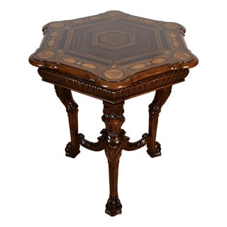 1900 Antique French Carved Walnut Inlaid Center Table Hall Table / Accent Table For Sale