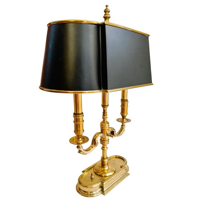 French Vintage French Neoclassical Brass Three-Light Bouillotte Lamp With Black Tole Shade For Sale - Image 3 of 9