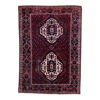 1950s, Vintage Persian Afshar Rug, Tribal Double Medallion, Red Field, 4 X 6 For Sale