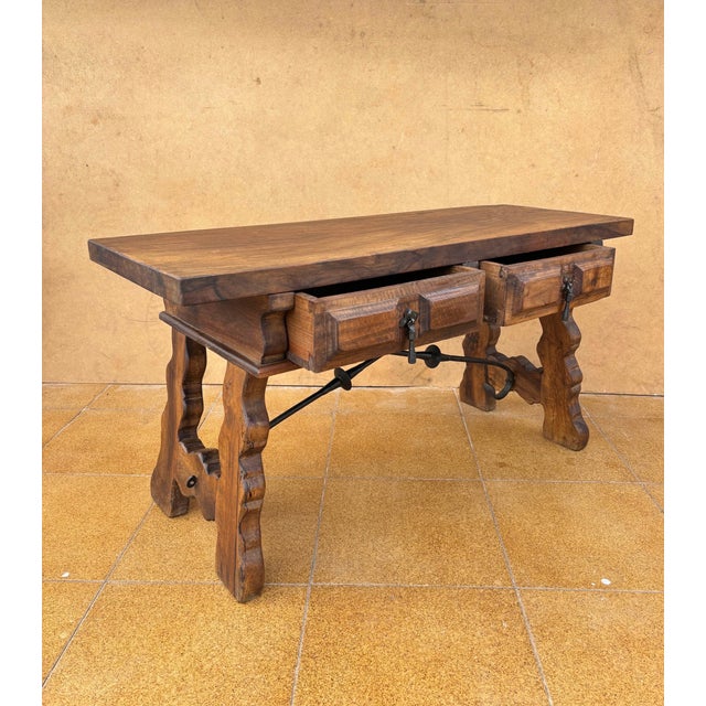 1930s Low Rustic Walnut Console Table with Two Drawers and Iron Stretcher For Sale - Image 4 of 9