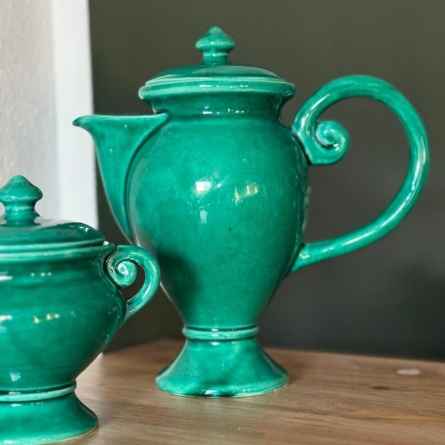 Green Glazed Ceramic Teapot and Sugar Bowl from Vallauris, France, 1950s-1960s, Set of 2 For Sale - Image 3 of 8