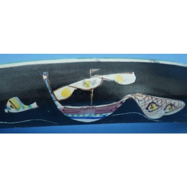 Crescent-Shaped Ceramic Planter with Sailing Ship and Fish Decoration attributed to Kowalisca for Cas Vietri, 1930s For Sale - Image 4 of 18