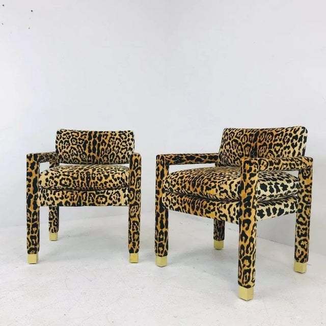Leopard Parsons Chairs with Brass Sabots, Custom - a Pair For Sale - Image 11 of 12