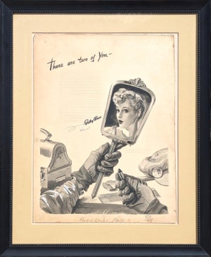 Robert Joy "There are Two of You" Early Modern Original Foley's Ad Layout of Woman & Mirror, Early 20th Century