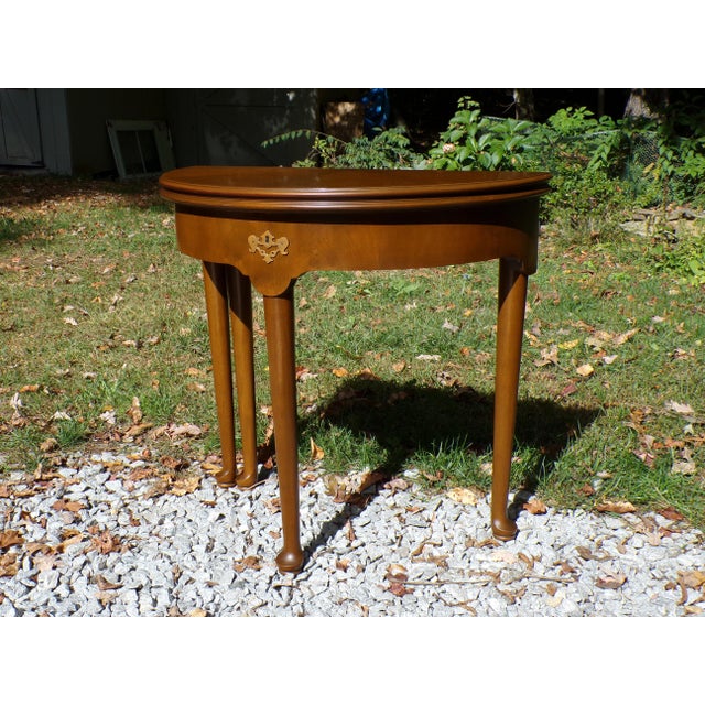 Henredon Vintage Henredon Burl Walnut Demilune Console Table Flip Top Round Table For Sale - Image 4 of 18