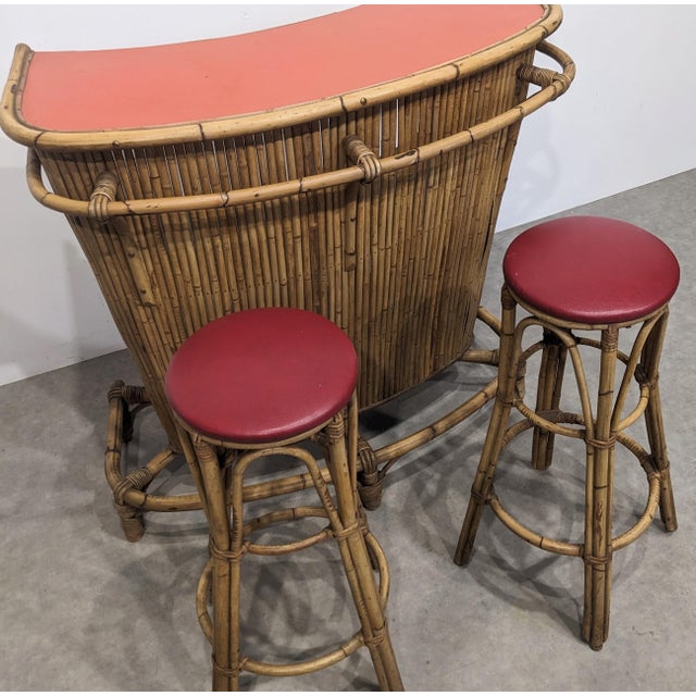1960s Vintage Bamboo Bar and Stools, 1960s, Set of 3 For Sale - Image 5 of 7