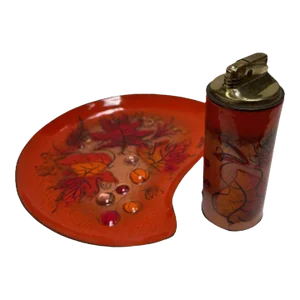 Mid Century Enameled Brass Lighter & Ashtray Set by Sascha Brastoff