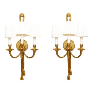 Vintage Louis XVI Neoclassical Revival Style Bronze Three-Light Wall Sconces—A Pair For Sale