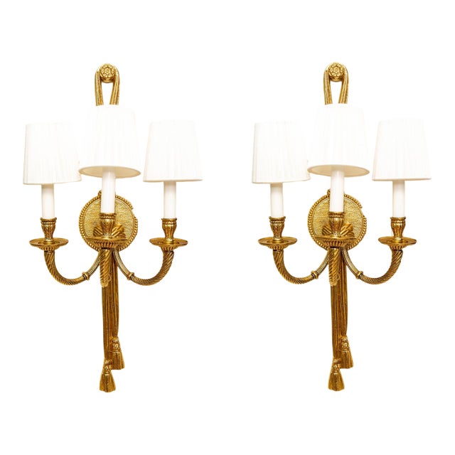 Vintage Louis XVI Neoclassical Revival Style Bronze Three-Light Wall Sconces—A Pair For Sale
