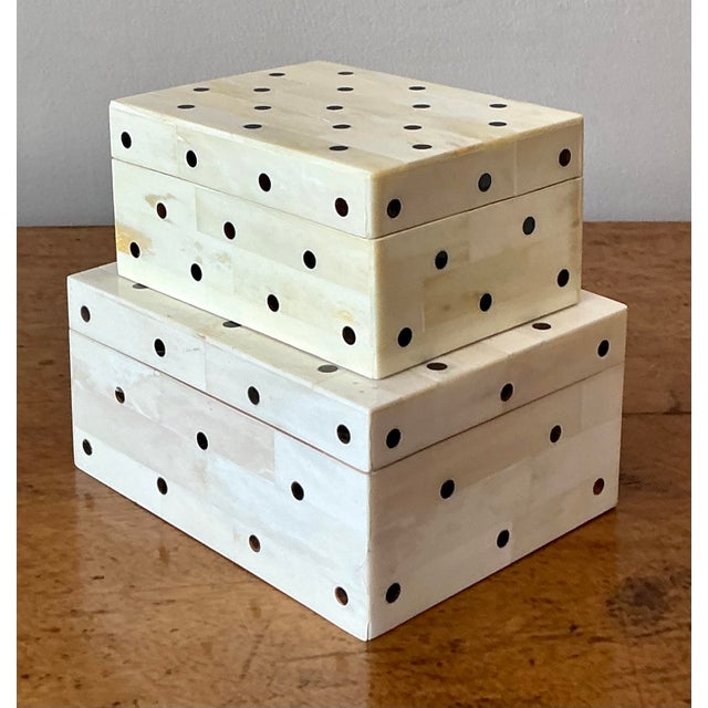 Wood Vintage Boho Polka Dot Tessellated Boho Boxes - Set of 2 For Sale - Image 7 of 8