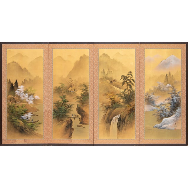 "Four Seasons", 1960s Showa Era Japanese Painted Silk Byobu Screen For Sale - Image 18 of 18