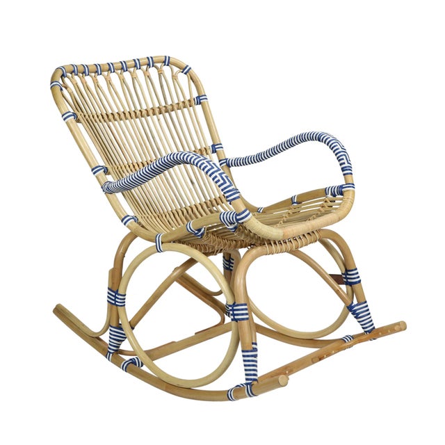 Coastal Matthew Izzo Home Cannes Tan, Blue, and White Rattan Rocking Chair For Sale - Image 3 of 7
