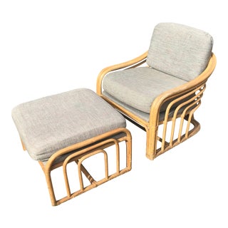 1960s Vintage Brown Jordan Rattan Club Chair and Ottoman For Sale