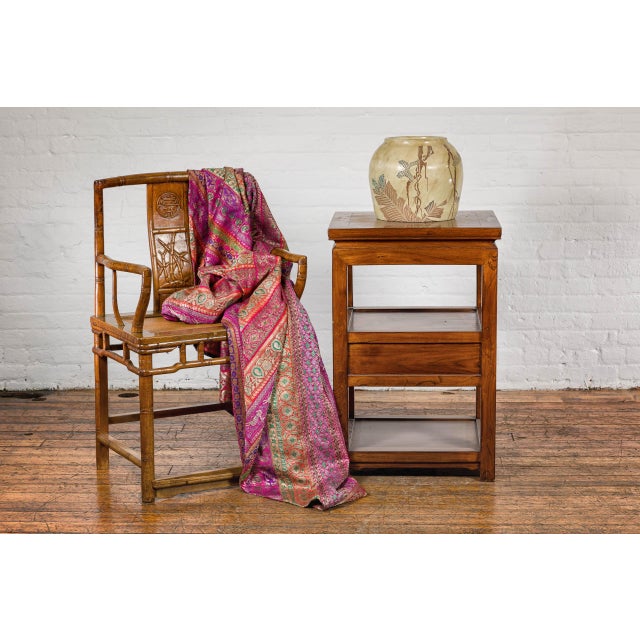 Early 20th Century Japanese Antique Mustard Glaze Ceramic Planter with Incised Butterfly Decor For Sale - Image 5 of 12