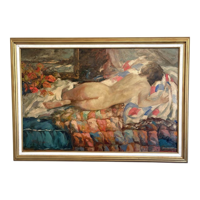 Framed Original Tim Benjamin (American, 1958-Present) Oil Painting on Canvas 'Resting Nude' For Sale