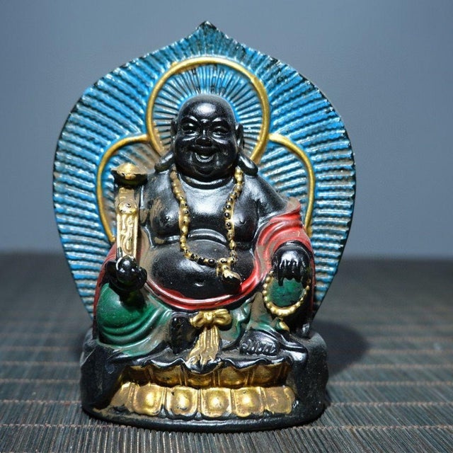 Black Vintage Painted Glass Maitreya Buddha With Halos, Double-Sided For Sale - Image 8 of 9