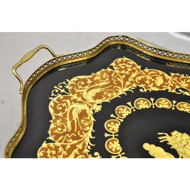 Vintage Italian Lacquered Wood & Brass Chariot Marquetry Inlay Bar Serving Tray For Sale - Image 4 of 12