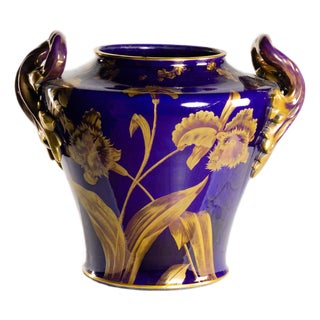 Art Nouveau Blue and Floral Planter Vase attributed to Gustave Asch, 1900s For Sale