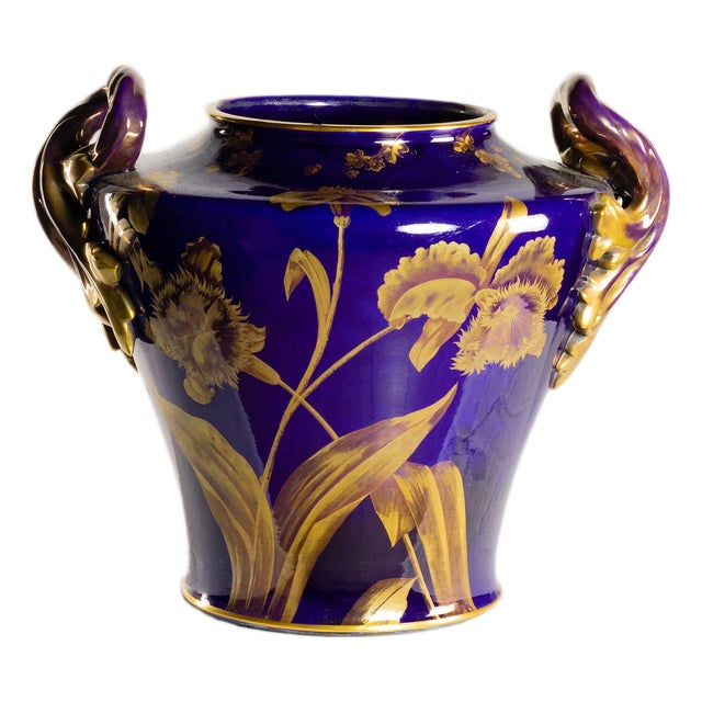 Art Nouveau Blue and Floral Planter Vase attributed to Gustave Asch, 1900s For Sale