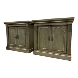 Pair of Vintage Neoclassical Sage Green Nightstands Commodes by White Fine Furniture Co. For Sale