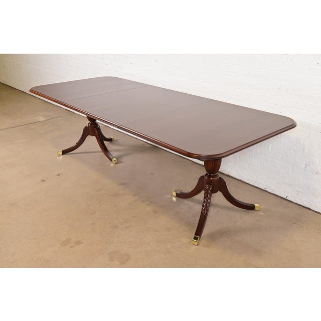 Baker Furniture Style Georgian Banded Mahogany Double Pedestal Extension Dining Table, Newly Refinished For Sale - Image 14 of 14