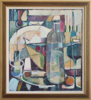 Florentine School Artist, Cubist Still Life with Bottles, 1980s-1990s, Oil on Canvas, Framed